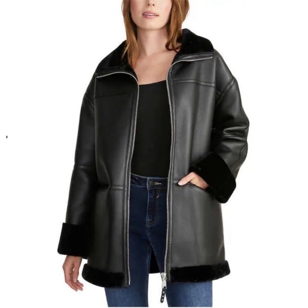 REBECCA MINKOFF VEGAN BLACK LEATHER FAUX FUR LONG CAR COAT PATCH POCKETS SIZE XL
